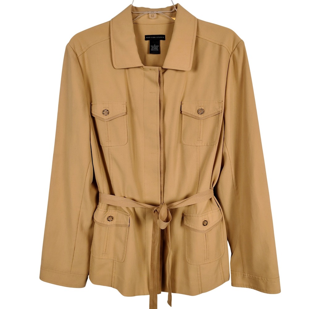 Madison Studio Womens SZ 16 Safari Utility Jacket Tan Belted Gorpcore Workwear